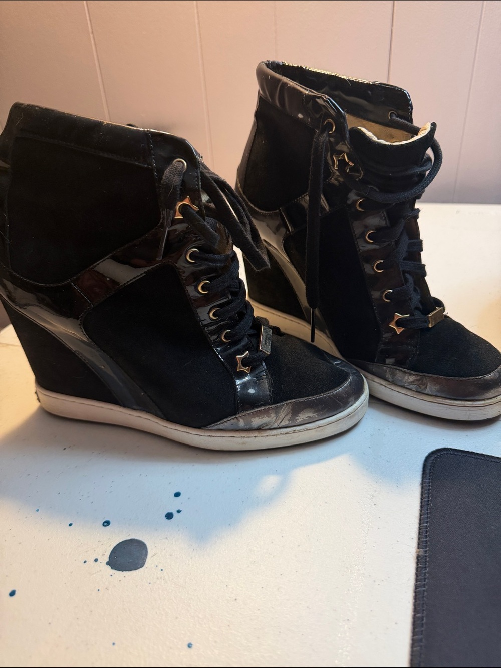 Jimmy Choo Black Wedge High-Top Sneakers with Gold Accents